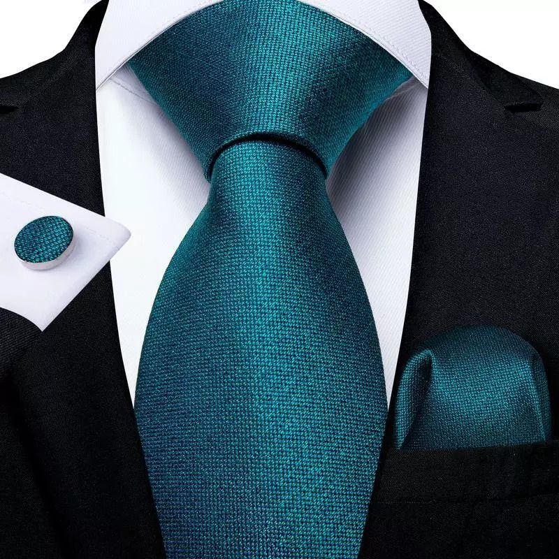 Tie - Turquoise blue plain necktie With Cufflinks and Pocket Square
