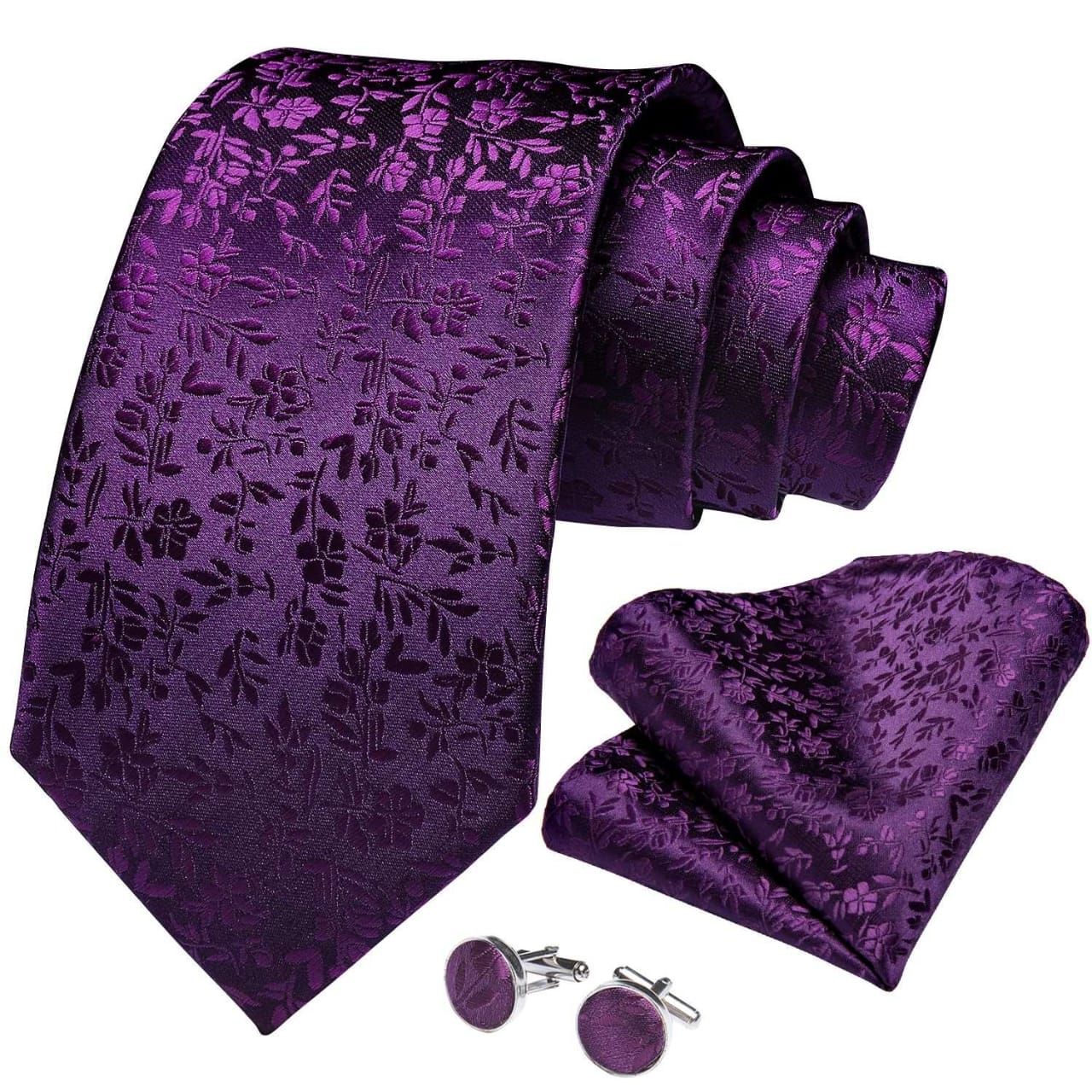 Tie Plum Purple Floral Necktie With Cufflinks And Pocket Square For Men