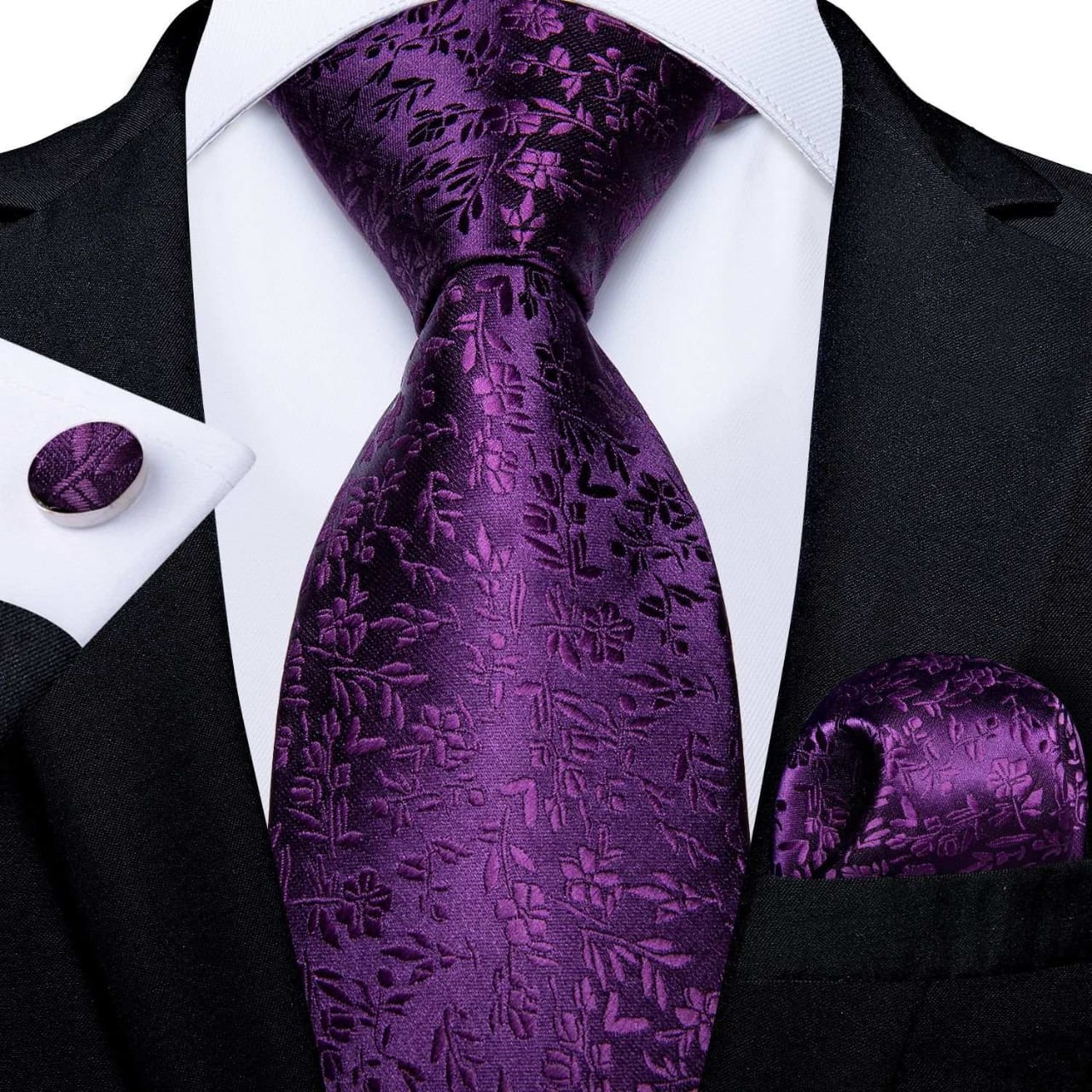 Tie Plum Purple Floral Necktie With Cufflinks And Pocket Square For Men