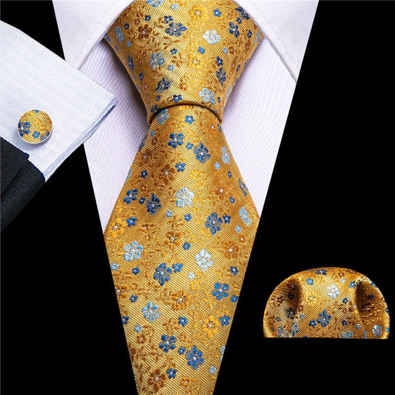 Tie Golden Yellow,light And Royal Blue Paisley Necktie with Cufflinks and Pocket Square