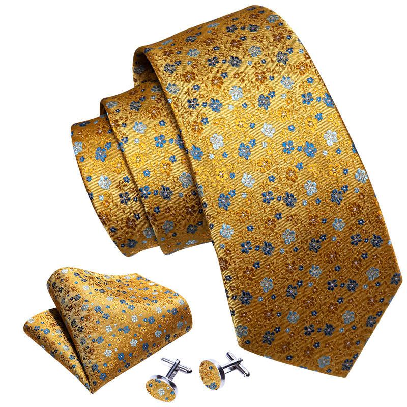 Tie Golden Yellow,light And Royal Blue Paisley Necktie with Cufflinks and Pocket Square