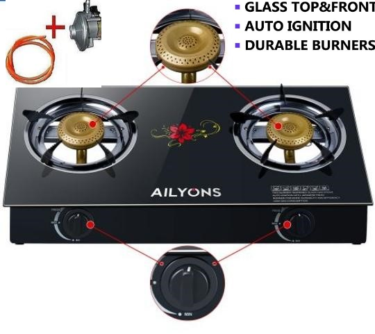 Glass Table Top Cooker Double Burner Gas Stove + Free 13KG Regulator and gas Pipe