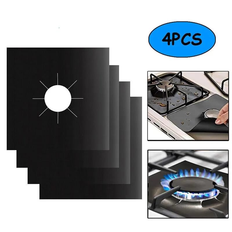 a set of four reusable, non-stick gas stove burner covers or liners designed to protect the stovetop surface from spills, grease, and food debris during cooking.