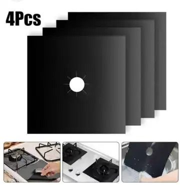 a set of four reusable, non-stick gas stove burner covers or liners designed to protect the stovetop surface from spills, grease, and food debris during cooking.