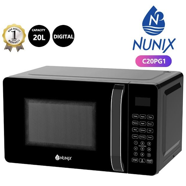 Nunix 20L Digital Microwave Oven C20PG1 – 700W Fast Heating, 10 Power Levels, 99-Minute Timer, Defrost Function, Glass Turntable – Black