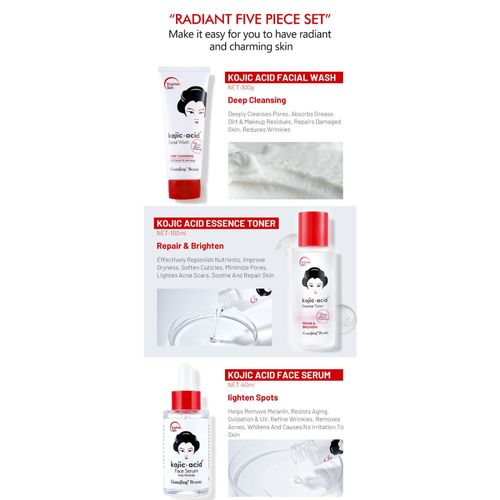 Guanjing Kojic Acid Skin Care Series 5 Piece Set - Toner + Face Serum + Cream + Sunscreen + Facial Wash Moisturizing Anti-aging Lightening Spots