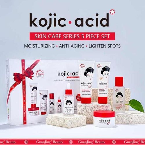Guanjing Kojic Acid Skin Care Series 5 Piece Set - Toner + Face Serum + Cream + Sunscreen + Facial Wash Moisturizing Anti-aging Lightening Spots