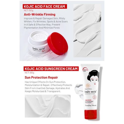 Guanjing Kojic Acid Skin Care Series 5 Piece Set - Toner + Face Serum + Cream + Sunscreen + Facial Wash Moisturizing Anti-aging Lightening Spots