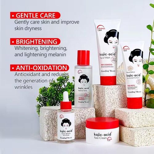 Guanjing Kojic Acid Skin Care Series 5 Piece Set - Toner + Face Serum + Cream + Sunscreen + Facial Wash Moisturizing Anti-aging Lightening Spots