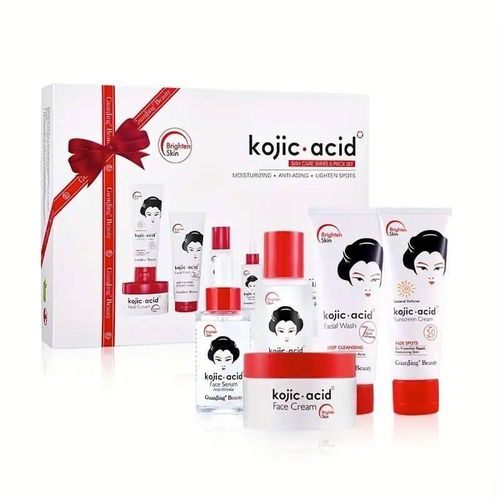 Guanjing Kojic Acid Skin Care Series 5 Piece Set - Toner + Face Serum + Cream + Sunscreen + Facial Wash Moisturizing Anti-aging Lightening Spots