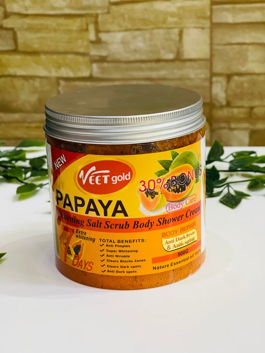 VEET GOLD PAPAYA Salt Scrub Body Shower Cream. Exfoliates, Moisturizes, Smooths, Anti-Aging, Removes Pimples, Wrinkles, Black zones, Dark Spots, Prevents & reduces appearances of Pigmentations