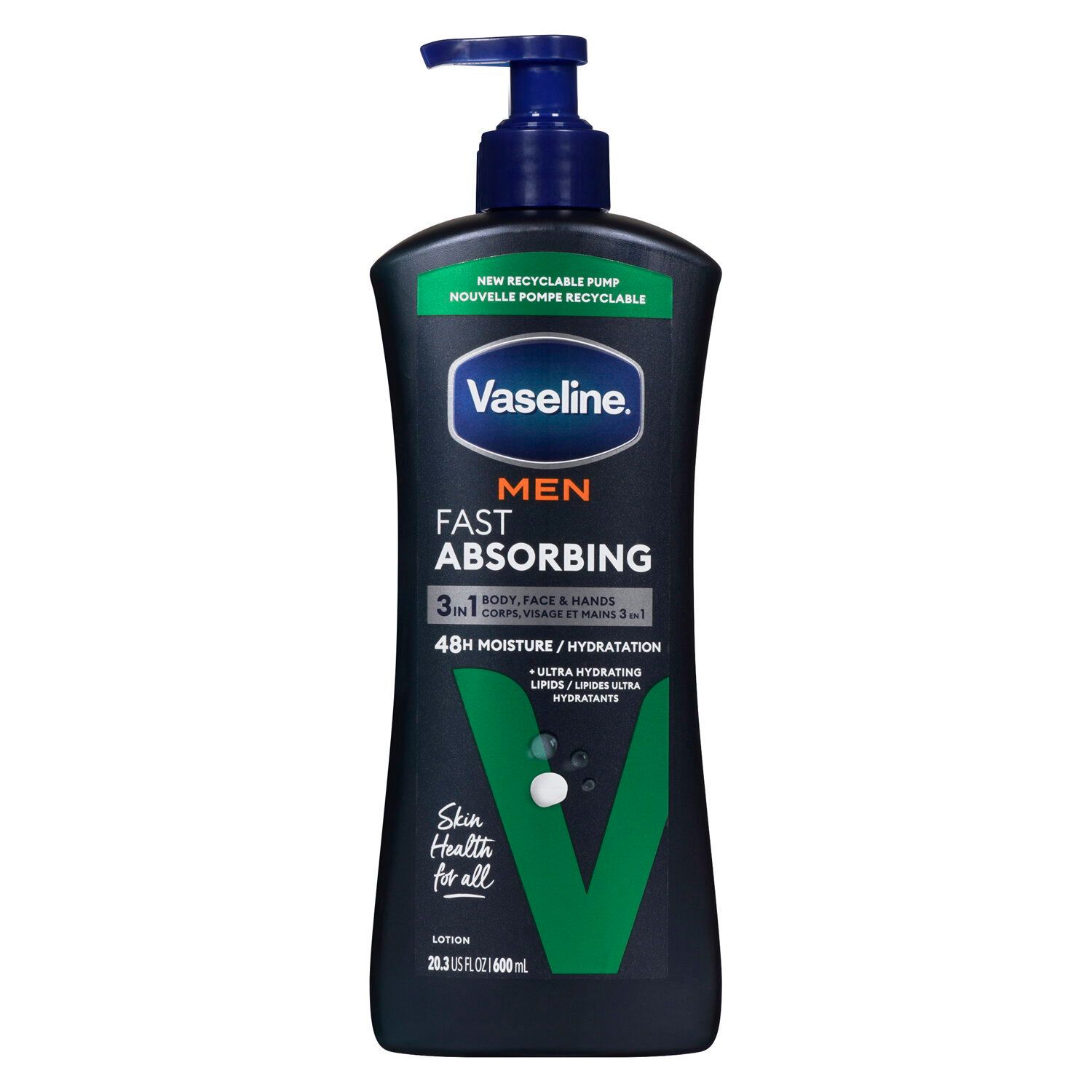 Vaseline Men Fast Absorbing 3-in-1 Face, Hands & Body Lotion for Men 600 ml