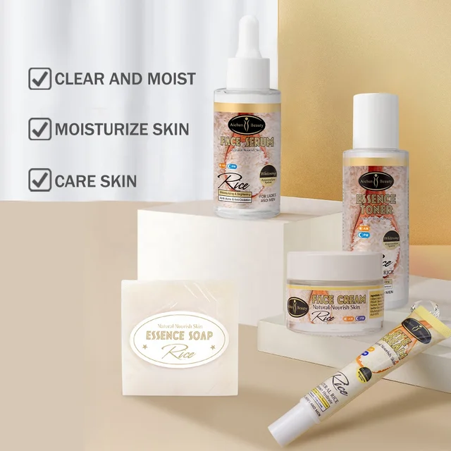 AICHUN BEAUTY Organic Rice Facial Skin Care Set Hydrate Rejuvenating Essence Soap Toner Face Serum Eye Cream Gift Box 100g+100ml+40ml+50ml+25ml 5PCS