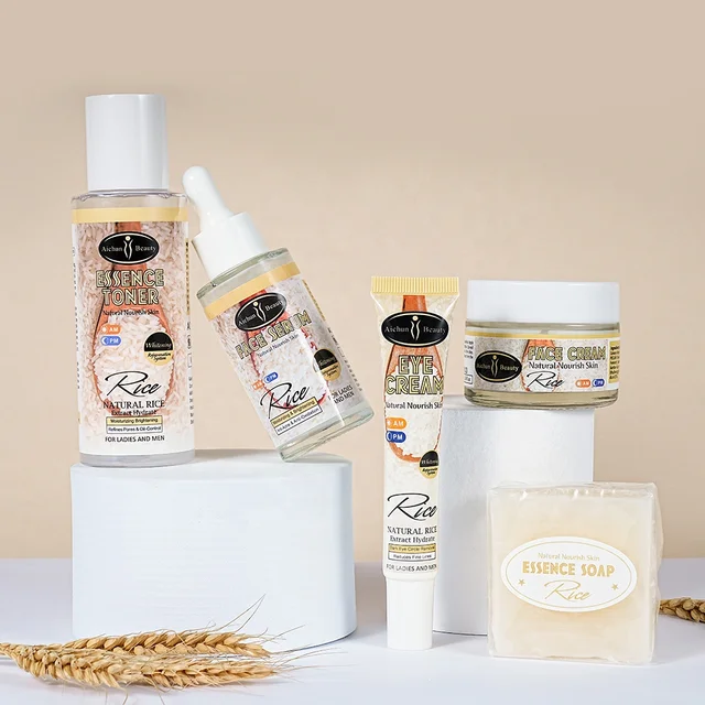 AICHUN BEAUTY Organic Rice Facial Skin Care Set Hydrate Rejuvenating Essence Soap Toner Face Serum Eye Cream Gift Box 100g+100ml+40ml+50ml+25ml 5PCS