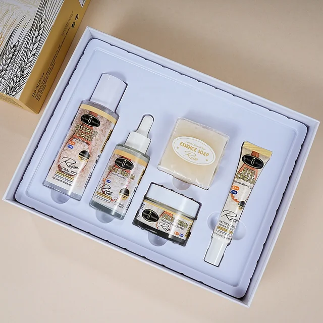 AICHUN BEAUTY Organic Rice Facial Skin Care Set Hydrate Rejuvenating Essence Soap Toner Face Serum Eye Cream Gift Box 100g+100ml+40ml+50ml+25ml 5PCS