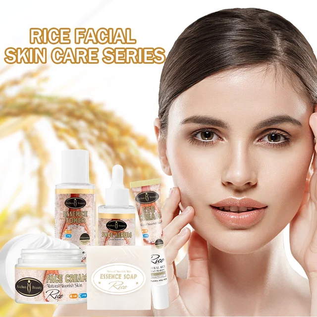 AICHUN BEAUTY Organic Rice Facial Skin Care Set Hydrate Rejuvenating Essence Soap Toner Face Serum Eye Cream Gift Box 100g+100ml+40ml+50ml+25ml 5PCS