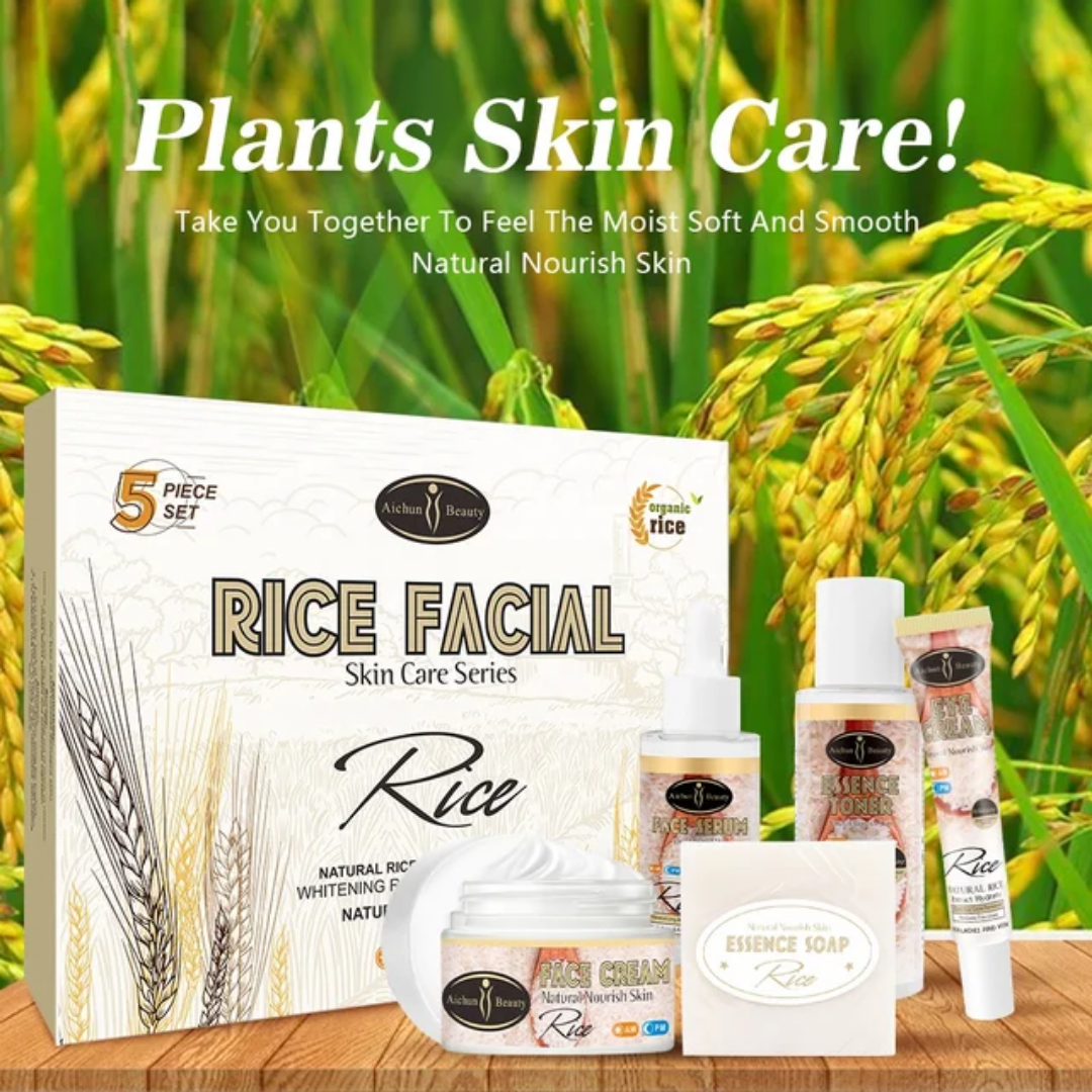 AICHUN BEAUTY Organic Rice Facial Skin Care Set Hydrate Rejuvenating Essence Soap Toner Face Serum Eye Cream Gift Box 100g+100ml+40ml+50ml+25ml 5PCS