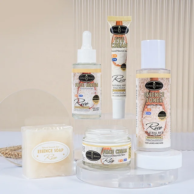 AICHUN BEAUTY Organic Rice Facial Skin Care Set Hydrate Rejuvenating Essence Soap Toner Face Serum Eye Cream Gift Box 100g+100ml+40ml+50ml+25ml 5PCS
