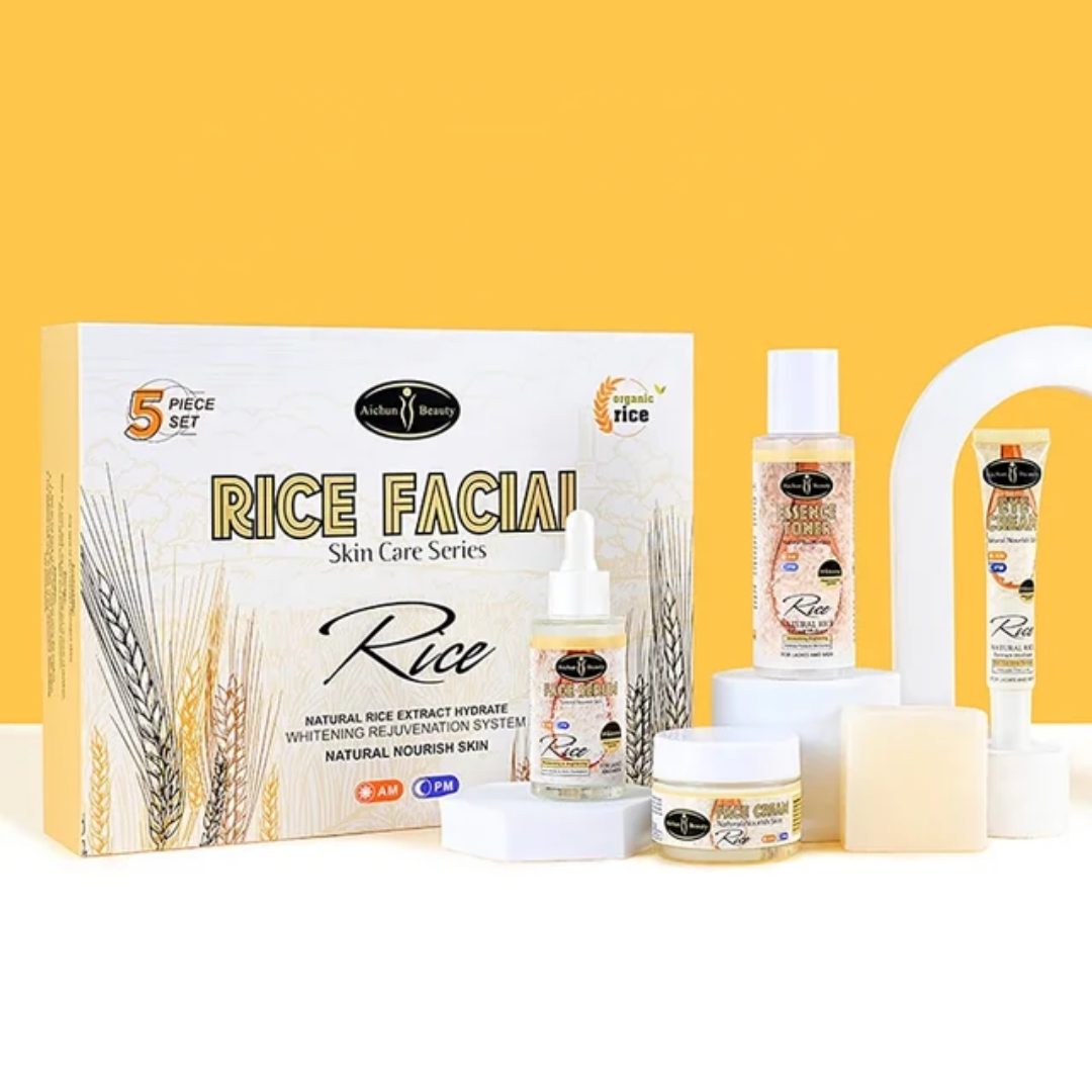 AICHUN BEAUTY Organic Rice Facial Skin Care Set Hydrate Rejuvenating Essence Soap Toner Face Serum Eye Cream Gift Box 100g+100ml+40ml+50ml+25ml 5PCS