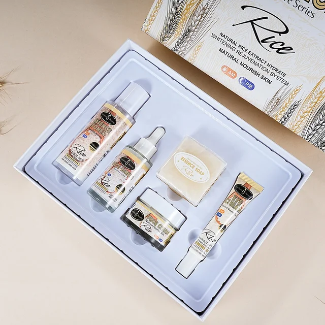 AICHUN BEAUTY Organic Rice Facial Skin Care Set Hydrate Rejuvenating Essence Soap Toner Face Serum Eye Cream Gift Box 100g+100ml+40ml+50ml+25ml 5PCS