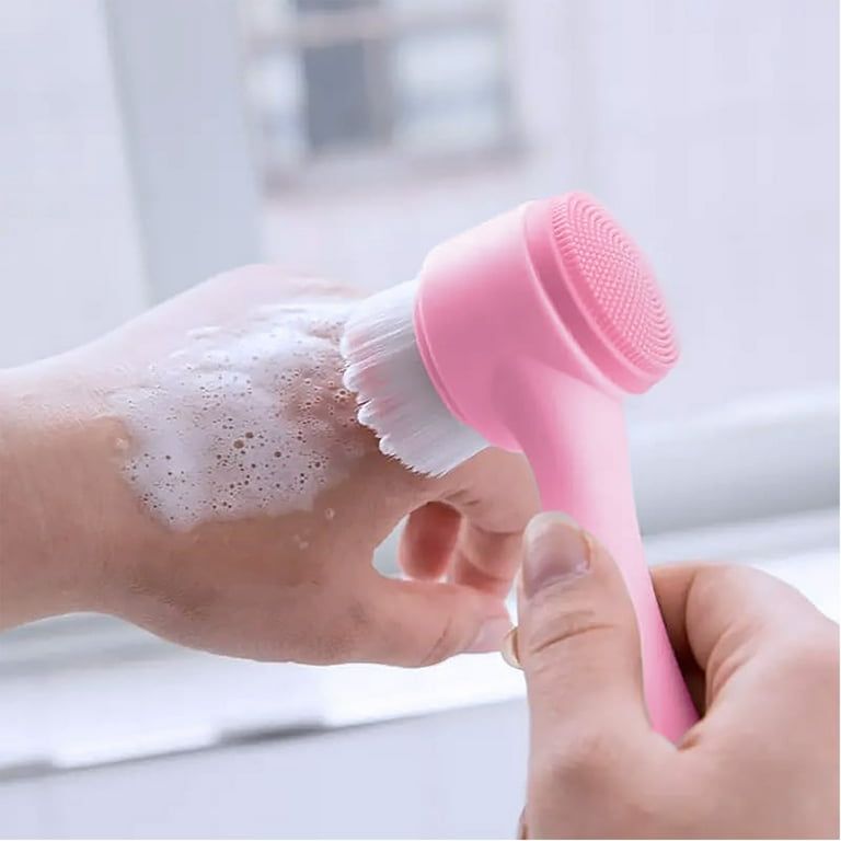 Double Side Silicone Face Wash Scrub Brush with Soft Bristles for Massaging Skin Care Makeup Removal - Pink