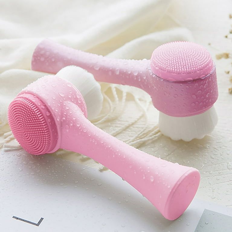 Double Side Silicone Face Wash Scrub Brush with Soft Bristles for Massaging Skin Care Makeup Removal - Pink
