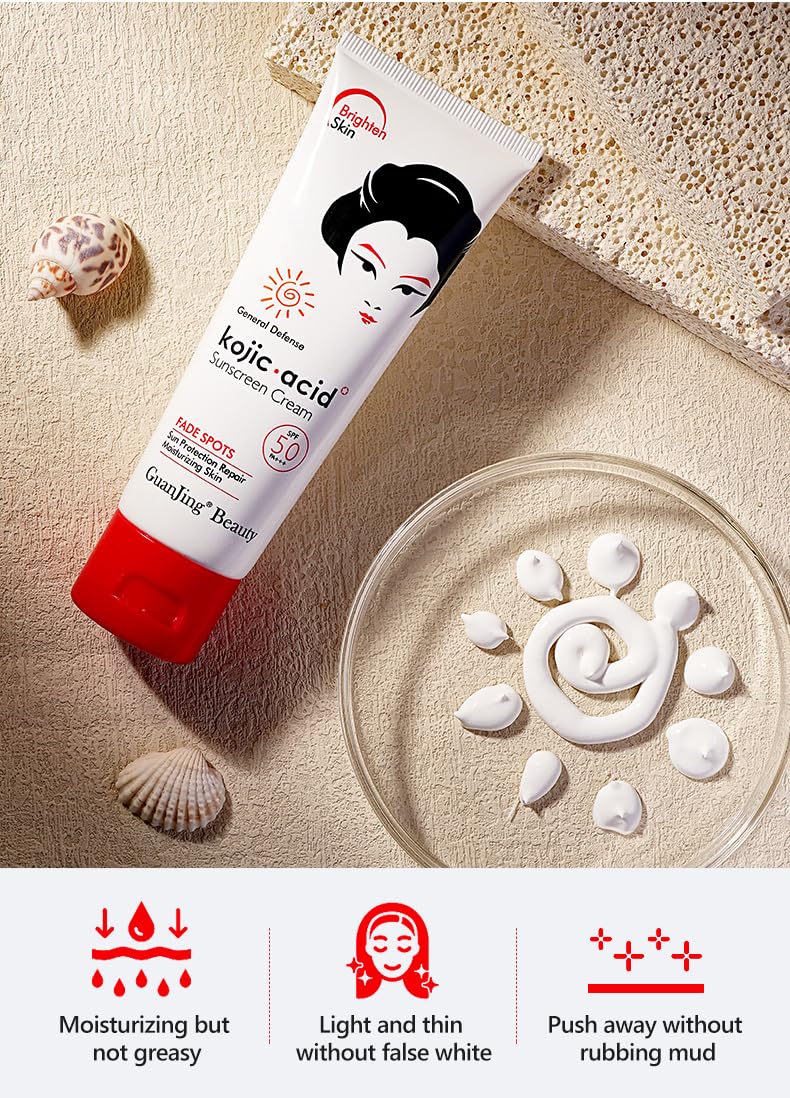 Kojic Acid Sunscreen Cream, SPF 50 PA+++, Sunscreen Cream Sun Protection Repair Moisturising Skin for Face and Body, 80 g