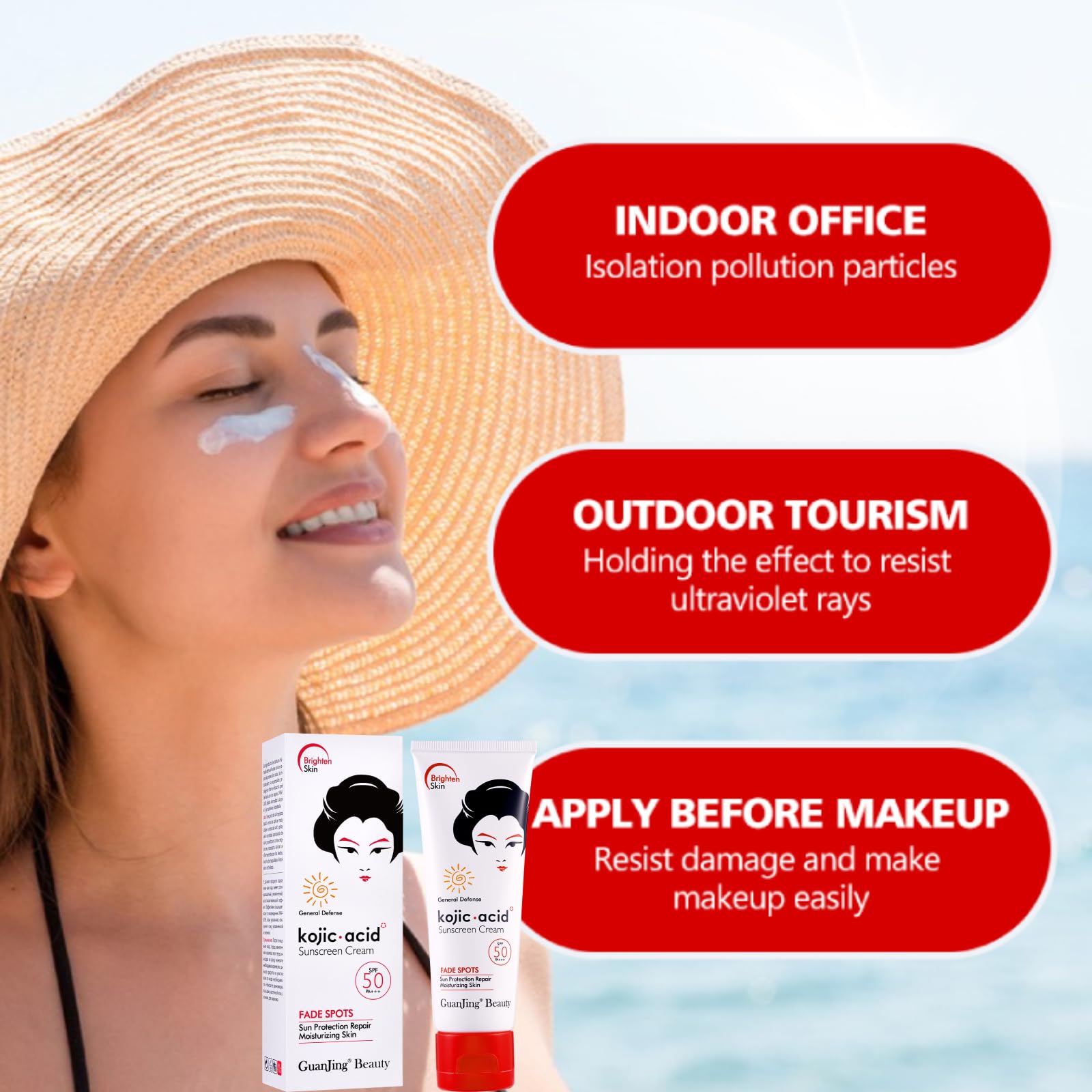 Kojic Acid Sunscreen Cream, SPF 50 PA+++, Sunscreen Cream Sun Protection Repair Moisturising Skin for Face and Body, 80 g