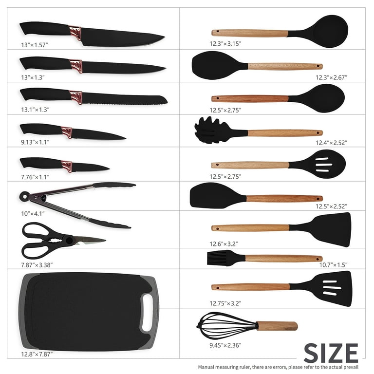 19 PCs Black Silicone Cooking Utensils, Non-stick Kitchen Utensil Set, Wooden Handle Non Toxic BPA Free