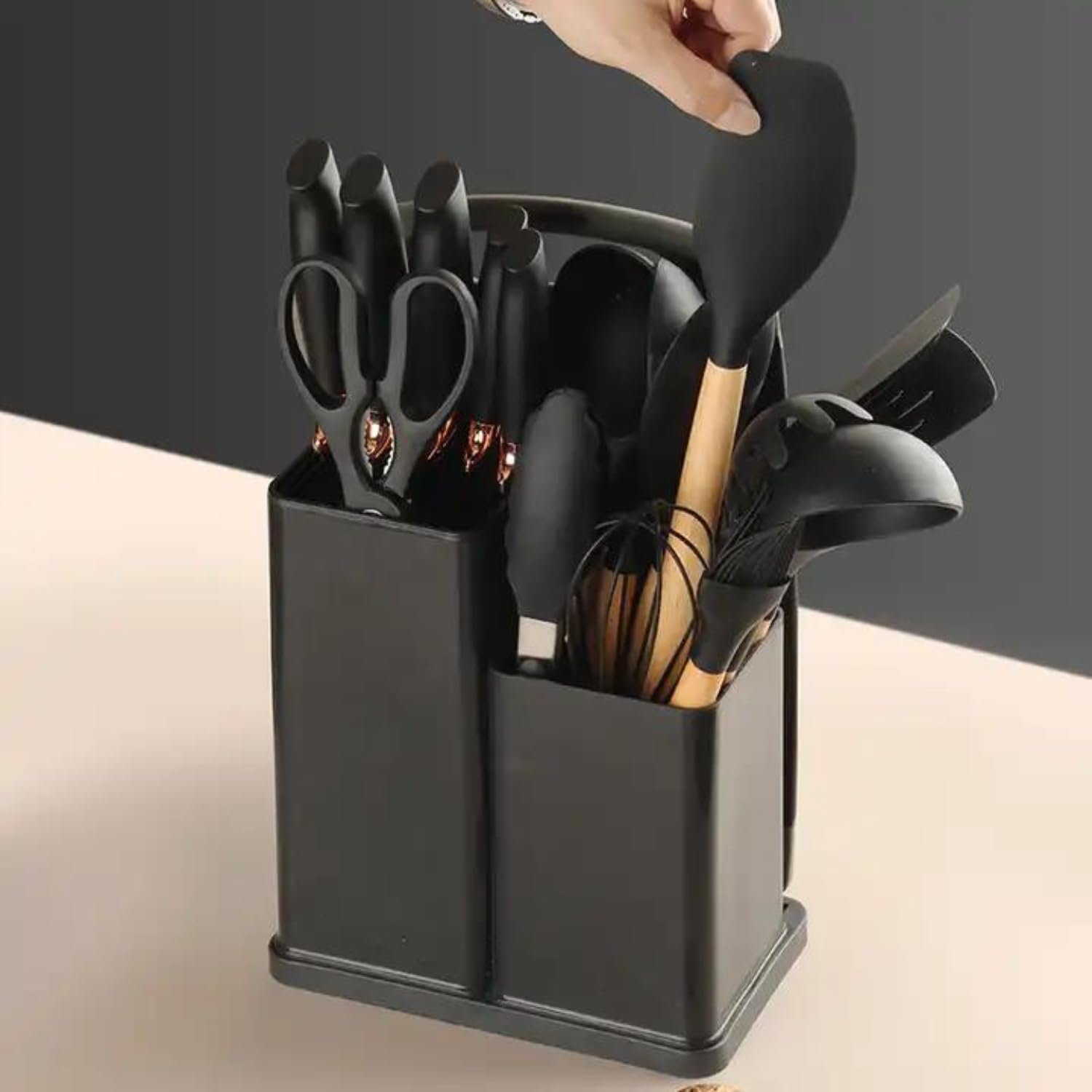 19 PCs Black Silicone Cooking Utensils, Non-stick Kitchen Utensil Set, Wooden Handle Non Toxic BPA Free