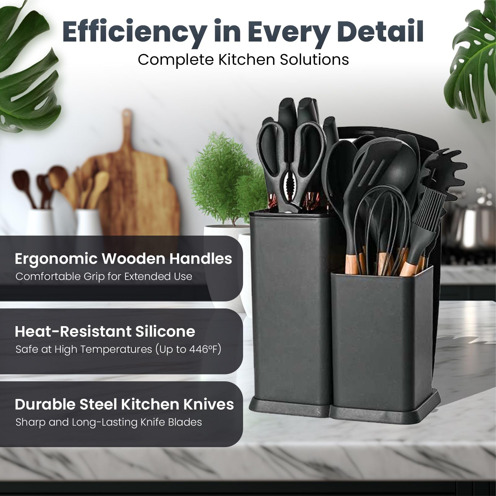 19 PCs Black Silicone Cooking Utensils, Non-stick Kitchen Utensil Set, Wooden Handle Non Toxic BPA Free