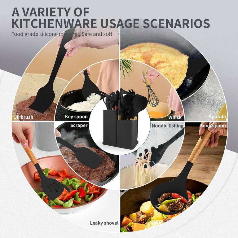 19 PCs Black Silicone Cooking Utensils, Non-stick Kitchen Utensil Set, Wooden Handle Non Toxic BPA Free