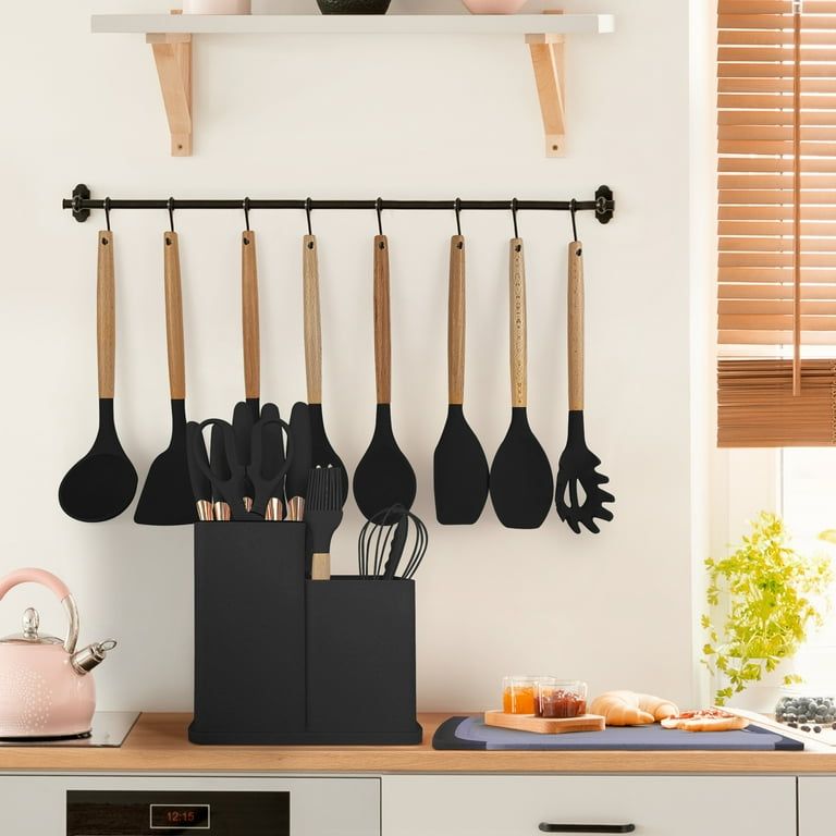 19 PCs Black Silicone Cooking Utensils, Non-stick Kitchen Utensil Set, Wooden Handle Non Toxic BPA Free