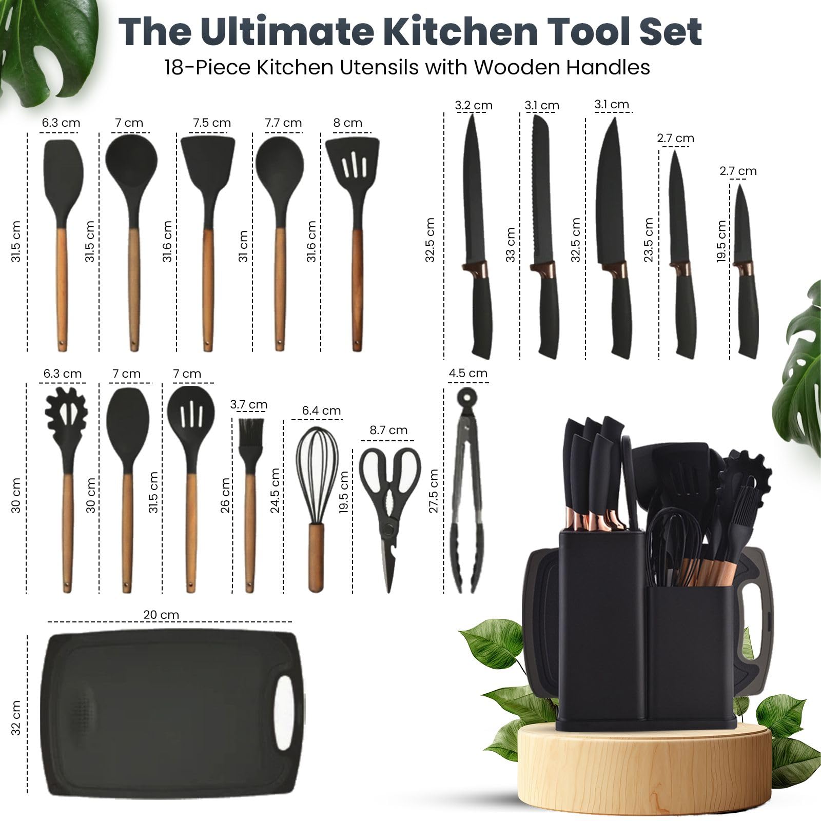 19 PCs Black Silicone Cooking Utensils, Non-stick Kitchen Utensil Set, Wooden Handle Non Toxic BPA Free