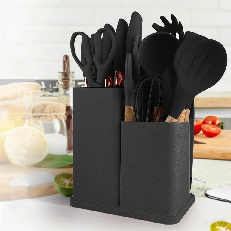 19 PCs Black Silicone Cooking Utensils, Non-stick Kitchen Utensil Set, Wooden Handle Non Toxic BPA Free