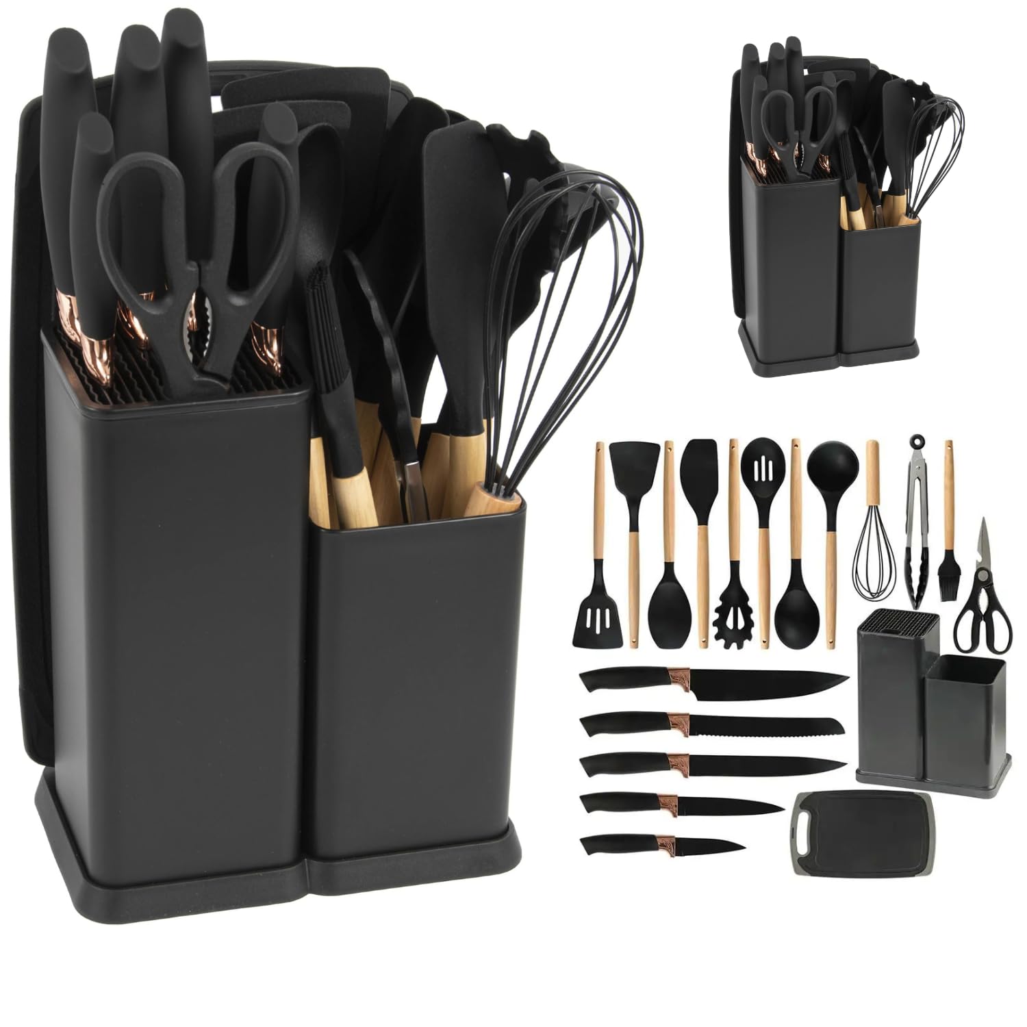 19 PCs Black Silicone Cooking Utensils, Non-stick Kitchen Utensil Set, Wooden Handle Non Toxic BPA Free