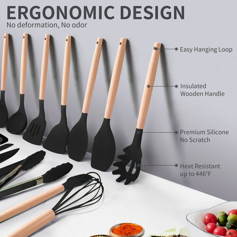 19 PCs Black Silicone Cooking Utensils, Non-stick Kitchen Utensil Set, Wooden Handle Non Toxic BPA Free