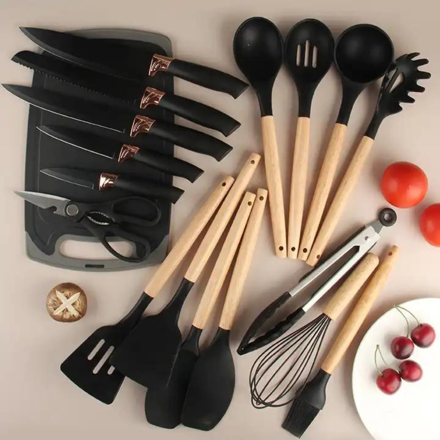 19 PCs Black Silicone Cooking Utensils, Non-stick Kitchen Utensil Set, Wooden Handle Non Toxic BPA Free