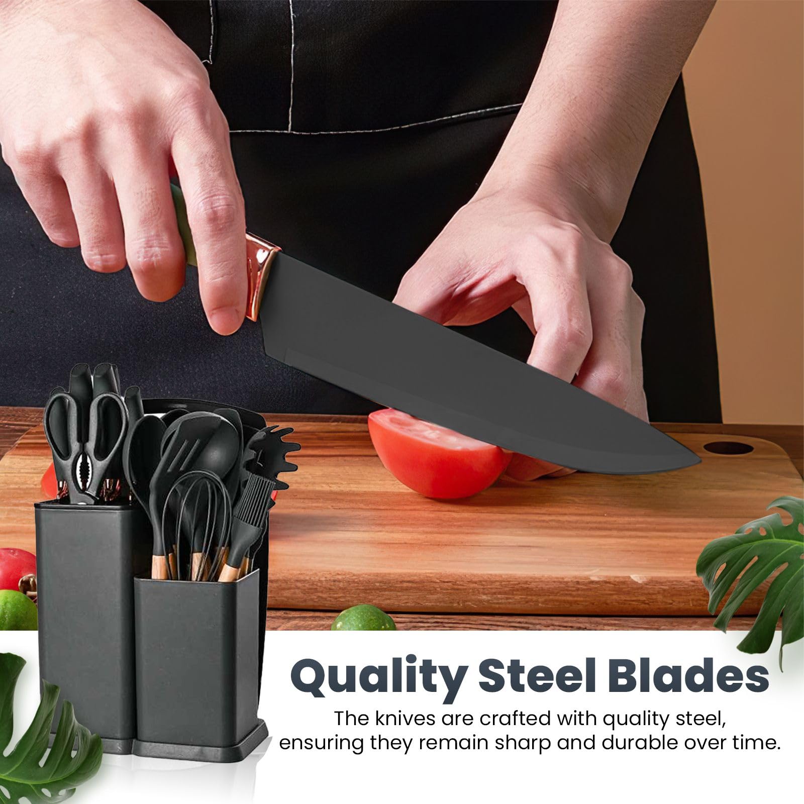 19 PCs Black Silicone Cooking Utensils, Non-stick Kitchen Utensil Set, Wooden Handle Non Toxic BPA Free