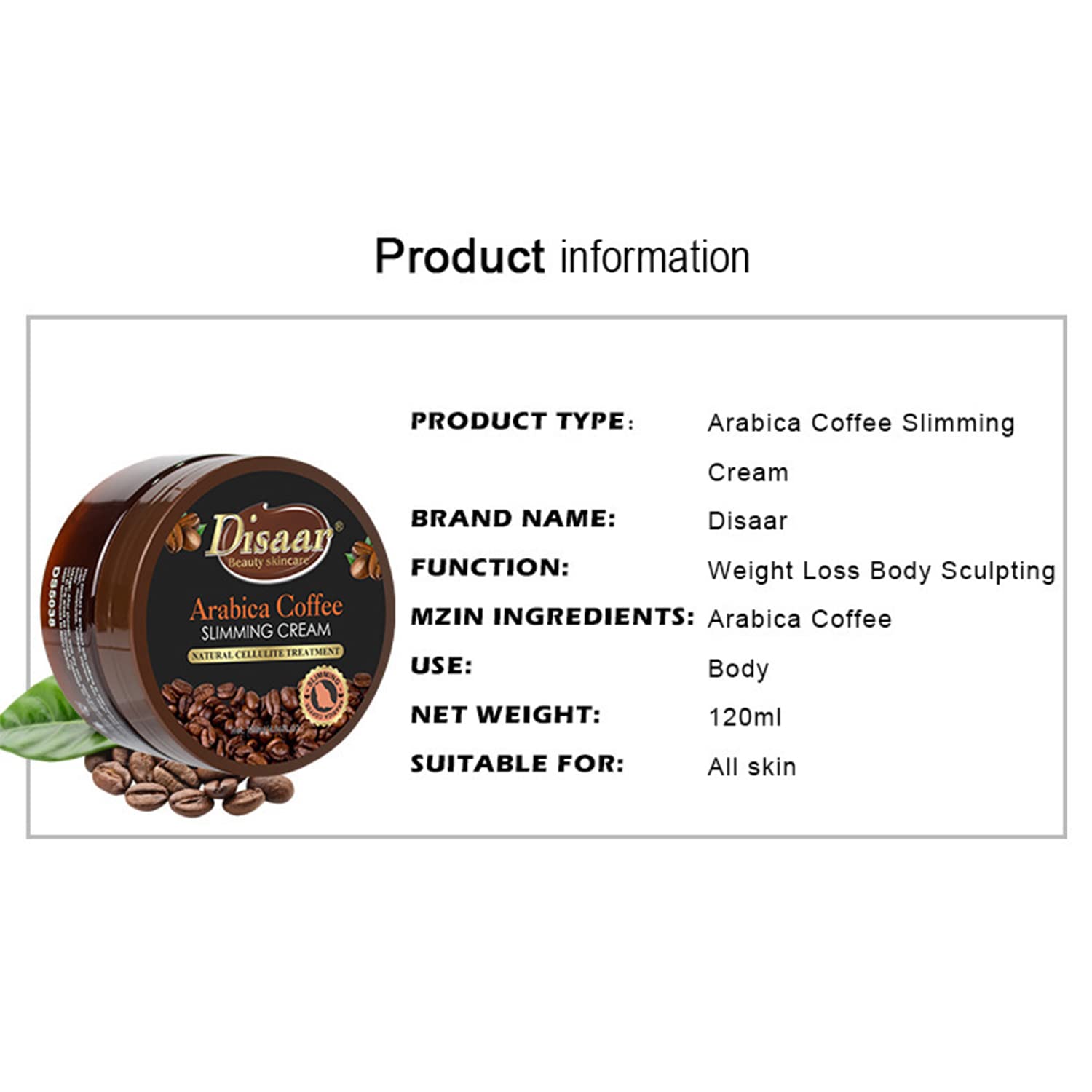DISAAR Beauty Arabica Coffee Slimming Cream Cellulite Treatment Weight Loss Burner 120ml