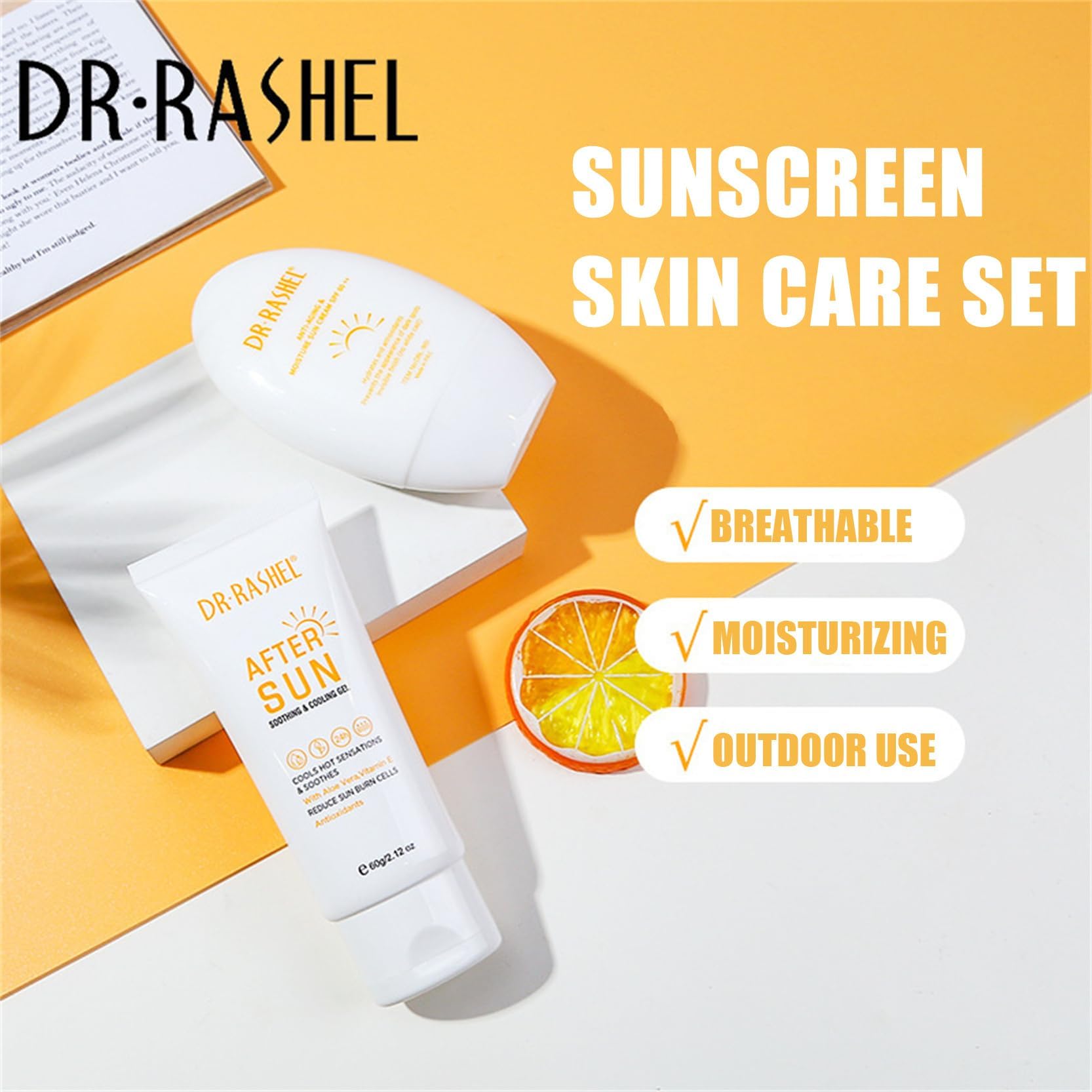 Dr Rashel Sunscreen SPF 60++, Travel Size Sunscreen Sun Protection Kit - Anti Aging Moisture Sun Cream, After Sun Smoothing & Cooling Gel, Face & Body Sunscreen Lotion, Beach Essentials for Women