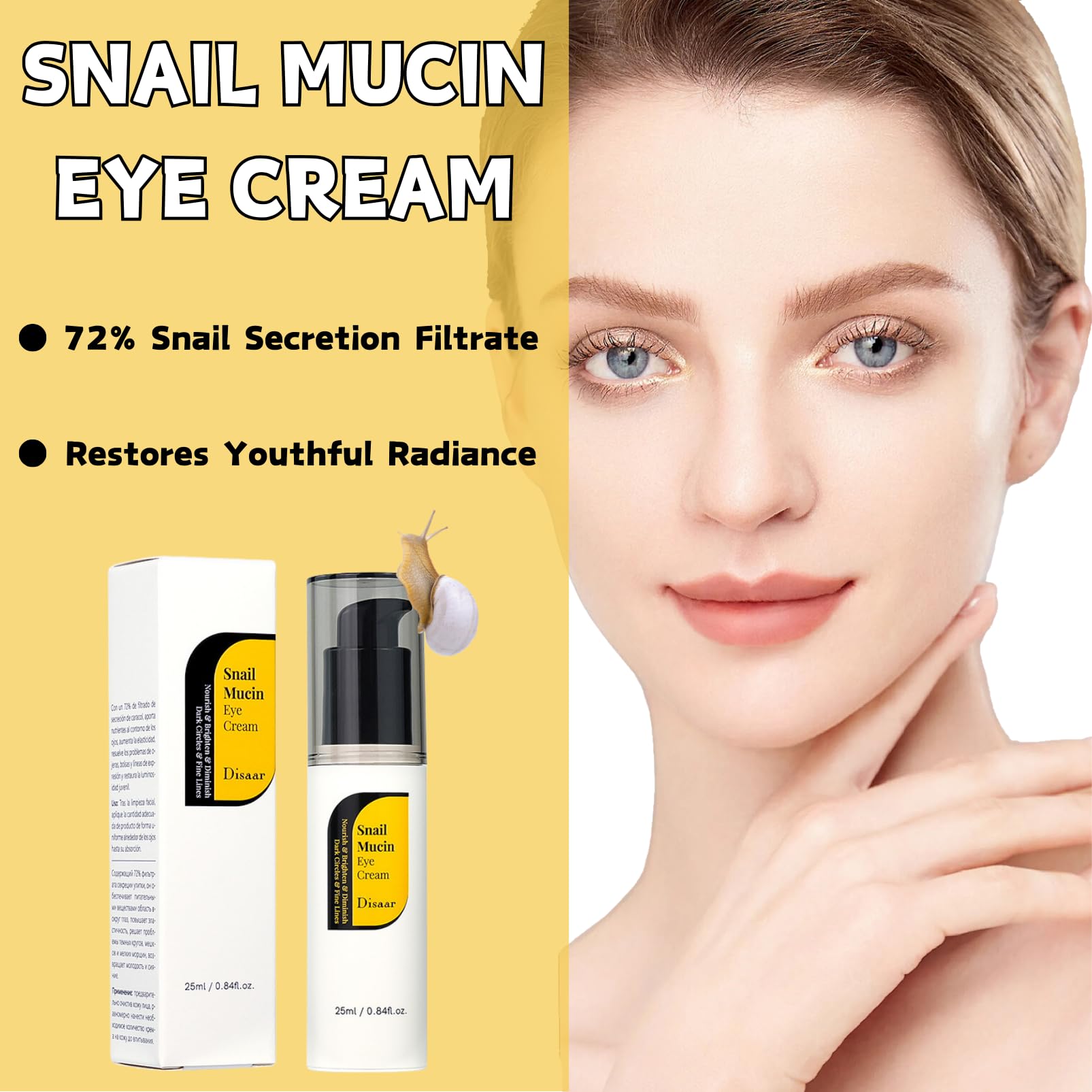 Disaar Snail Eye Cream, Brightening Under Eye Cream with Snail Mucin&Retinol, Eye Cream Anti Aging for Fine Lines&Dark Circles, Eye Bags Remover Women&Mens Eye Cream, Eye Care Products for All Skin