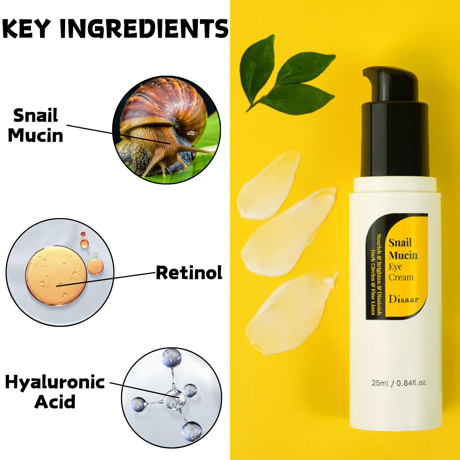 Disaar Snail Eye Cream, Brightening Under Eye Cream with Snail Mucin&Retinol, Eye Cream Anti Aging for Fine Lines&Dark Circles, Eye Bags Remover Women&Mens Eye Cream, Eye Care Products for All Skin