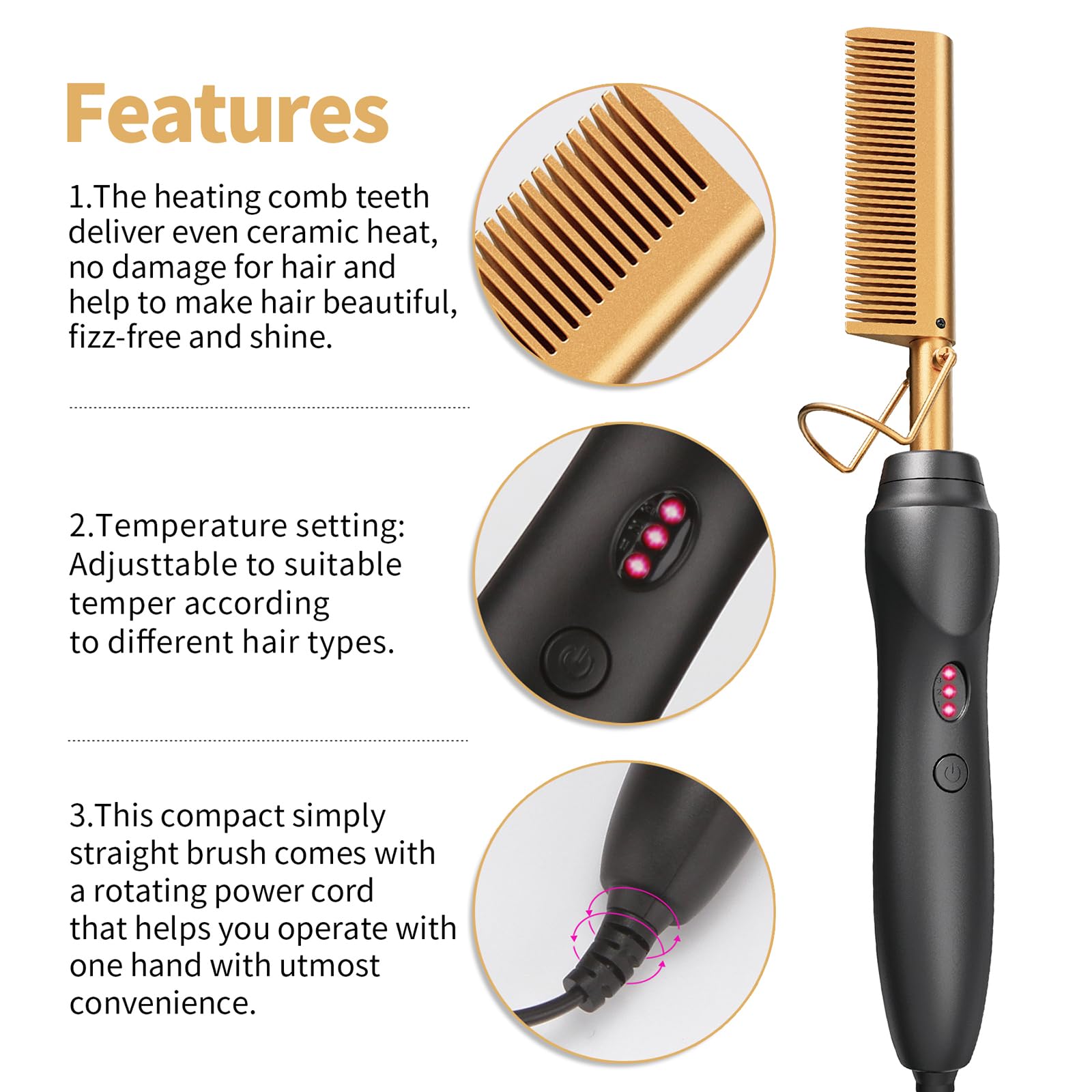 Hot Comb Hair Straightener Heat Pressing Combs Ceramic Electric Hair Straightening Comb, Curling Iron for Natural Black Hair Beard Wigs Holiday Gift