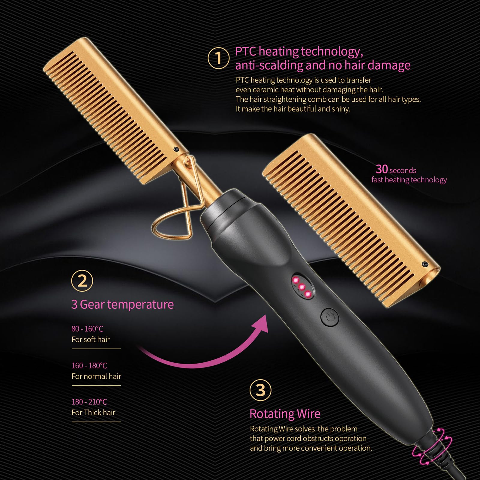 Hot Comb Hair Straightener Heat Pressing Combs Ceramic Electric Hair Straightening Comb, Curling Iron for Natural Black Hair Beard Wigs Holiday Gift