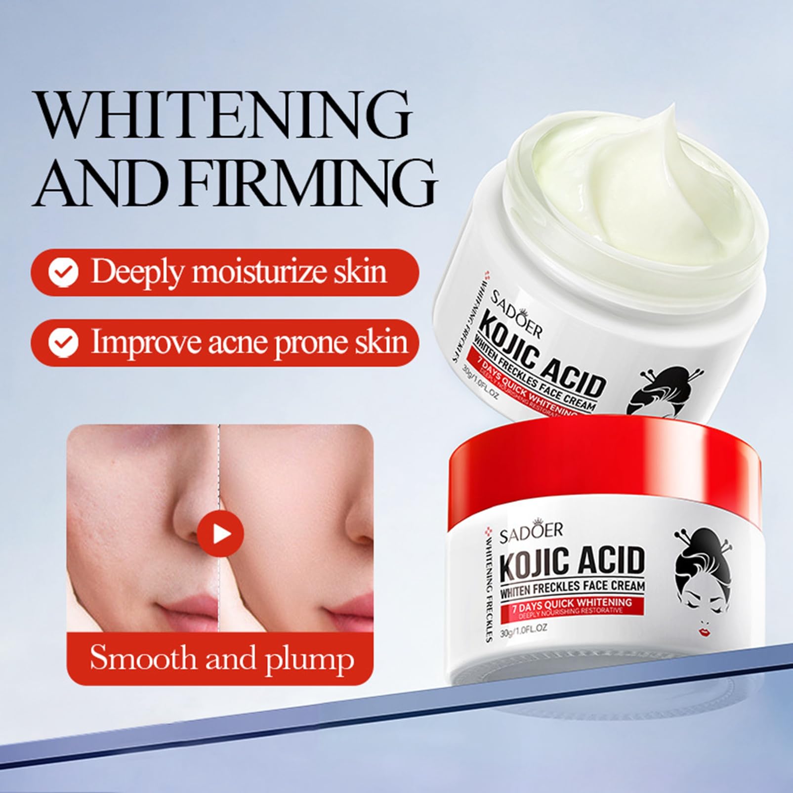 SADOER KOJIC ACID 30G WHITENING FRECKLE FACE CREAM WITH KOJIC ACID, NIACINAMIDE, HYALURONIC ACID, MOISTURIZES, FIRMS, ANTI-WRINKLE