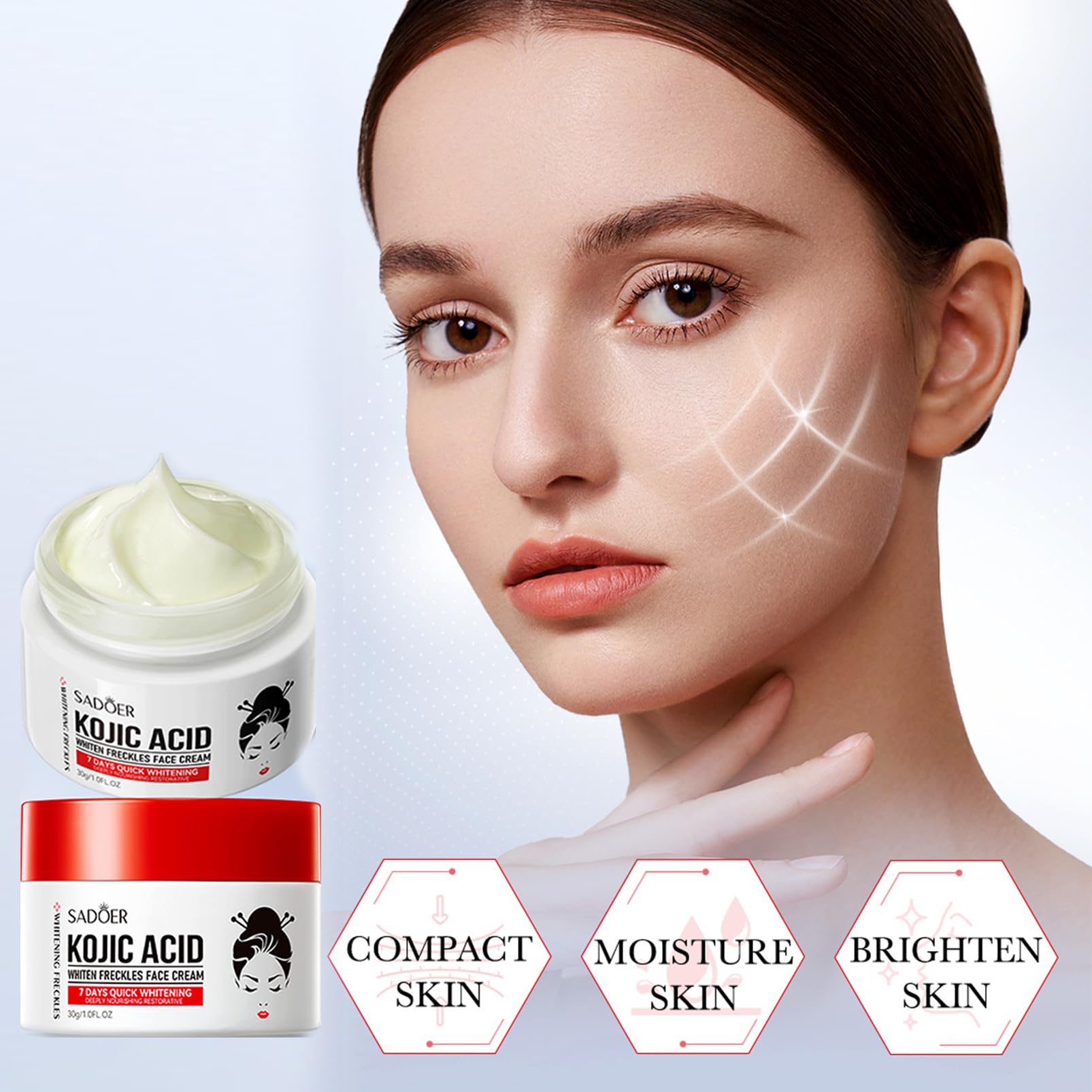 SADOER KOJIC ACID 30G WHITENING FRECKLE FACE CREAM WITH KOJIC ACID, NIACINAMIDE, HYALURONIC ACID, MOISTURIZES, FIRMS, ANTI-WRINKLE