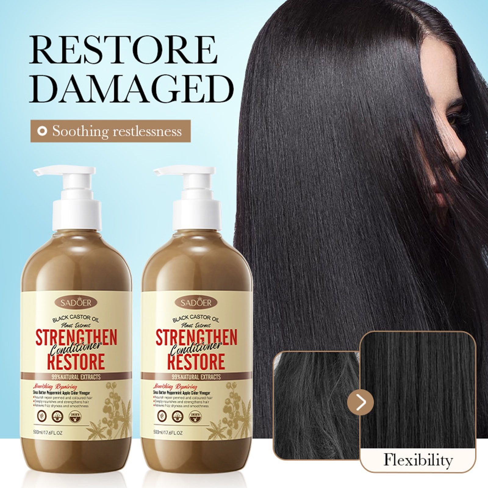 Sadoer Black Castor Oil Nourishing Repairing Conditioner Improves Frizz Conditioner Multi-active Nutriton for Damaged Hair 500 ml