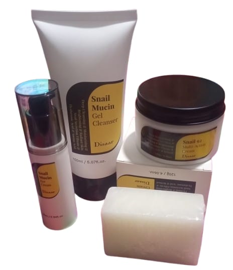 Disaar 4 in 1 snail  mucin multi action cream,gel cleanser,serum soap & eye cream set