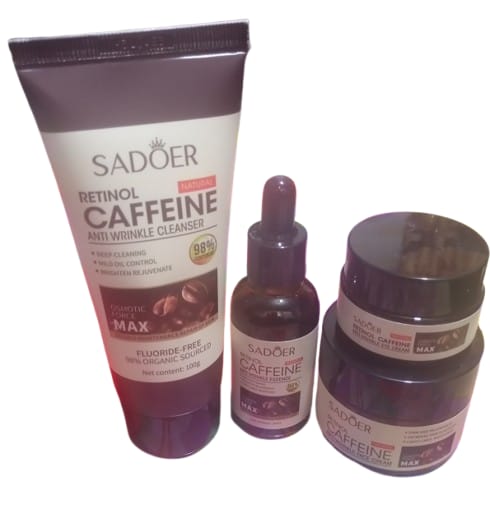 SADOER 4 Pieces Retinol Caffeine Anti-Wrinkle  Cleanser, serum,eye cream & face cream  Set